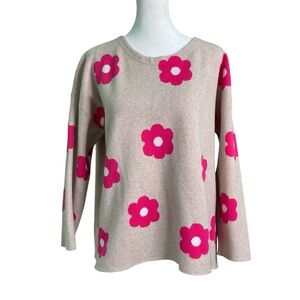 Tahari Whimsical Flower Printed Sweater Back Button Detail Tan Magenta (Size 1X)